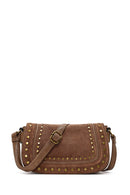 Woman Tan Long-Strap Studded Suede Crossbody Bag | Derimod Woman Tan Long-Strap Studded Suede Crossbody Bag | Derimod