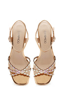Woman Pink Ankle-Strap Buckled Embellished Chunky-Heel Sandal | Derimod Woman Pink Ankle-Strap Buckled Embellished Chunky-Heel Sandal | Derimod