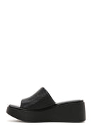 Women's Black Wedge Heeled Leather Comfort Slippers | Derimod Women's Black Wedge Heeled Leather Comfort Slippers | Derimod