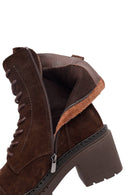 Women's Brown Zippered Thick Heeled Suede Leather Ankle Boots | Derimod Women's Brown Zippered Thick Heeled Suede Leather Ankle Boots | Derimod