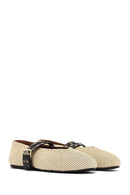 Women's Beige Double Buckled Straw Leather Ballerinas | Derimod Women's Beige Double Buckled Straw Leather Ballerinas | Derimod