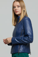 Venice Women's Blue Leather Jacket | Derimod Venice Women's Blue Leather Jacket | Derimod