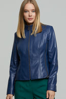 Venice Women's Blue Leather Jacket | Derimod Venice Women's Blue Leather Jacket | Derimod