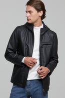 Fernandes Men's Black Hooded Leather Jacket | Derimod Fernandes Men's Black Hooded Leather Jacket | Derimod