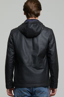 Fernandes Men's Navy Blue Hooded Leather Jacket | Derimod Fernandes Men's Navy Blue Hooded Leather Jacket | Derimod
