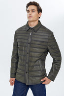 Locatelli Men's Khaki Nubuck Puffer Leather Jacket | Derimod Locatelli Men's Khaki Nubuck Puffer Leather Jacket | Derimod