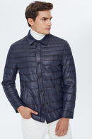 Locatelli Men's Navy Blue Nubuck Puffer Leather Jacket | Derimod Locatelli Men's Navy Blue Nubuck Puffer Leather Jacket | Derimod