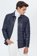 Locatelli Men's Navy Blue Nubuck Puffer Leather Jacket | Derimod Locatelli Men's Navy Blue Nubuck Puffer Leather Jacket | Derimod
