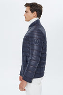 Locatelli Men's Navy Blue Nubuck Puffer Leather Jacket | Derimod Locatelli Men's Navy Blue Nubuck Puffer Leather Jacket | Derimod