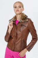 Belinda Women's Cognac Shearling Leather Jacket | Derimod Belinda Women's Cognac Shearling Leather Jacket | Derimod
