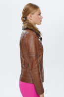 Belinda Women's Cognac Shearling Leather Jacket | Derimod Belinda Women's Cognac Shearling Leather Jacket | Derimod