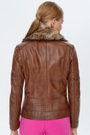 Belinda Women's Cognac Shearling Leather Jacket | Derimod Belinda Women's Cognac Shearling Leather Jacket | Derimod