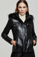Edith Women's Black Fur Leather Coat | Derimod Edith Women's Black Fur Leather Coat | Derimod