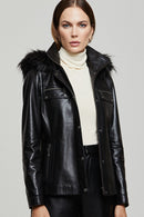 Edith Women's Black Fur Leather Coat | Derimod Edith Women's Black Fur Leather Coat | Derimod
