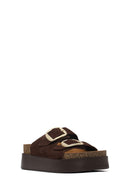 Women's Brown Double Buckle Thick Sole Suede Leather Slippers | Derimod Women's Brown Double Buckle Thick Sole Suede Leather Slippers | Derimod