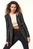Pamela Women's Black Hooded Long Leather Jacket | Derimod Pamela Women's Black Hooded Long Leather Jacket | Derimod
