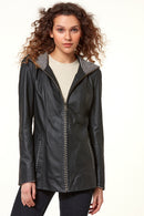 Pamela Women's Black Hooded Long Leather Jacket | Derimod Pamela Women's Black Hooded Long Leather Jacket | Derimod
