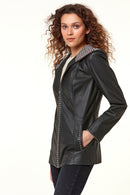 Pamela Women's Black Hooded Long Leather Jacket | Derimod Pamela Women's Black Hooded Long Leather Jacket | Derimod