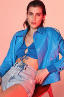 Kendal Women's Blue Leather Jacket | Derimod Kendal Women's Blue Leather Jacket | Derimod