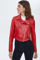 Star Women's Red Short Leather Biker Jacket | Derimod Star Women's Red Short Leather Biker Jacket | Derimod
