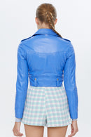Melody Blue Women's Short Biker Leather Jacket | Derimod Melody Blue Women's Short Biker Leather Jacket | Derimod
