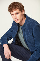 Neymar Men's Blue Suede Leather Jacket | Derimod Neymar Men's Blue Suede Leather Jacket | Derimod