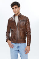 Felibe Men's Cognac Leather Jacket | Derimod Felibe Men's Cognac Leather Jacket | Derimod