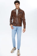 Felibe Men's Cognac Leather Jacket | Derimod Felibe Men's Cognac Leather Jacket | Derimod