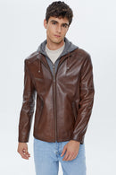 Danny Men's Cognac Hooded Sports Leather Jacket | Derimod Danny Men's Cognac Hooded Sports Leather Jacket | Derimod