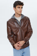 Danny Men's Cognac Hooded Sports Leather Jacket | Derimod Danny Men's Cognac Hooded Sports Leather Jacket | Derimod
