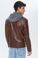 Danny Men's Cognac Hooded Sports Leather Jacket | Derimod Danny Men's Cognac Hooded Sports Leather Jacket | Derimod