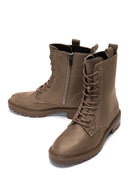 Women's Mink Zippered Boots Flat Leather Boots | Derimod Women's Mink Zippered Boots Flat Leather Boots | Derimod