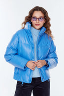 Barcelona Women's Blue Puffer Leather Coat | Derimod Barcelona Women's Blue Puffer Leather Coat | Derimod