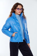 Barcelona Women's Blue Puffer Leather Coat | Derimod Barcelona Women's Blue Puffer Leather Coat | Derimod