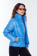 Barcelona Women's Blue Puffer Leather Coat | Derimod Barcelona Women's Blue Puffer Leather Coat | Derimod