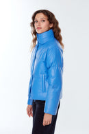 Barcelona Women's Blue Puffer Leather Coat | Derimod Barcelona Women's Blue Puffer Leather Coat | Derimod
