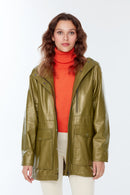 Victoria Women's Khaki Hooded Leather Coat | Derimod Victoria Women's Khaki Hooded Leather Coat | Derimod