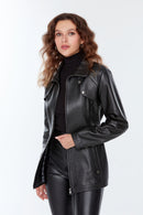 Paloma Women's Black Long Leather Jacket | Derimod Paloma Women's Black Long Leather Jacket | Derimod