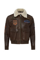 Top Gun Women's Brown Embroidered Leather Pilot Coat with Fur Collar | Derimod Top Gun Women's Brown Embroidered Leather Pilot Coat with Fur Collar | Derimod