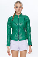 Tiffany Women's Green Stretch-Fit Leather Jacket | Derimod Tiffany Women's Green Stretch-Fit Leather Jacket | Derimod