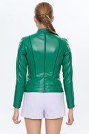 Tiffany Women's Green Stretch-Fit Leather Jacket | Derimod Tiffany Women's Green Stretch-Fit Leather Jacket | Derimod