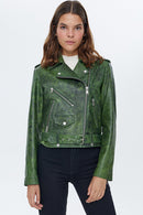 Newage Women's Green Leather Short Biker Jacket | Derimod Newage Women's Green Leather Short Biker Jacket | Derimod