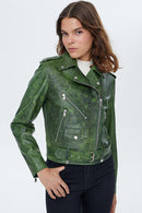 Newage Women's Green Leather Short Biker Jacket | Derimod Newage Women's Green Leather Short Biker Jacket | Derimod