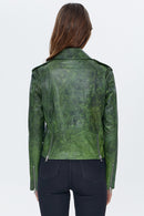Newage Women's Green Leather Short Biker Jacket | Derimod Newage Women's Green Leather Short Biker Jacket | Derimod