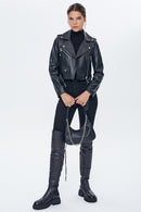 Star Women's Black Leather Biker Jacket | Derimod Star Women's Black Leather Biker Jacket | Derimod