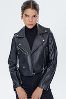 Star Women's Black Leather Biker Jacket | Derimod Star Women's Black Leather Biker Jacket | Derimod