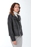 Nova Women's Black Oversize Leather Jacket | Derimod Nova Women's Black Oversize Leather Jacket | Derimod