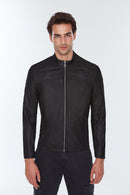 Neymar Men's Black Suede Printed Slim-Fit Short Leather Jacket | Derimod Neymar Men's Black Suede Printed Slim-Fit Short Leather Jacket | Derimod