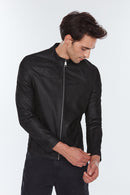 Neymar Men's Black Suede Printed Slim-Fit Short Leather Jacket | Derimod Neymar Men's Black Suede Printed Slim-Fit Short Leather Jacket | Derimod