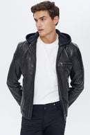 Lopez Men's Black Hooded Slim-Fit Leather Jacket | Derimod Lopez Men's Black Hooded Slim-Fit Leather Jacket | Derimod